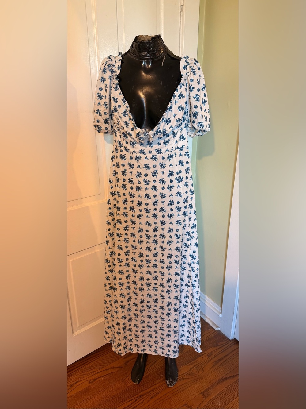 White and Blue Floral Maxi Dress - see description